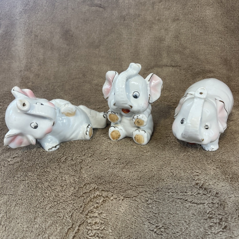 3 Vintage Baby Elephant Figurines Porcelain Ceramic Pink Trunk Up Kitschy MCM
